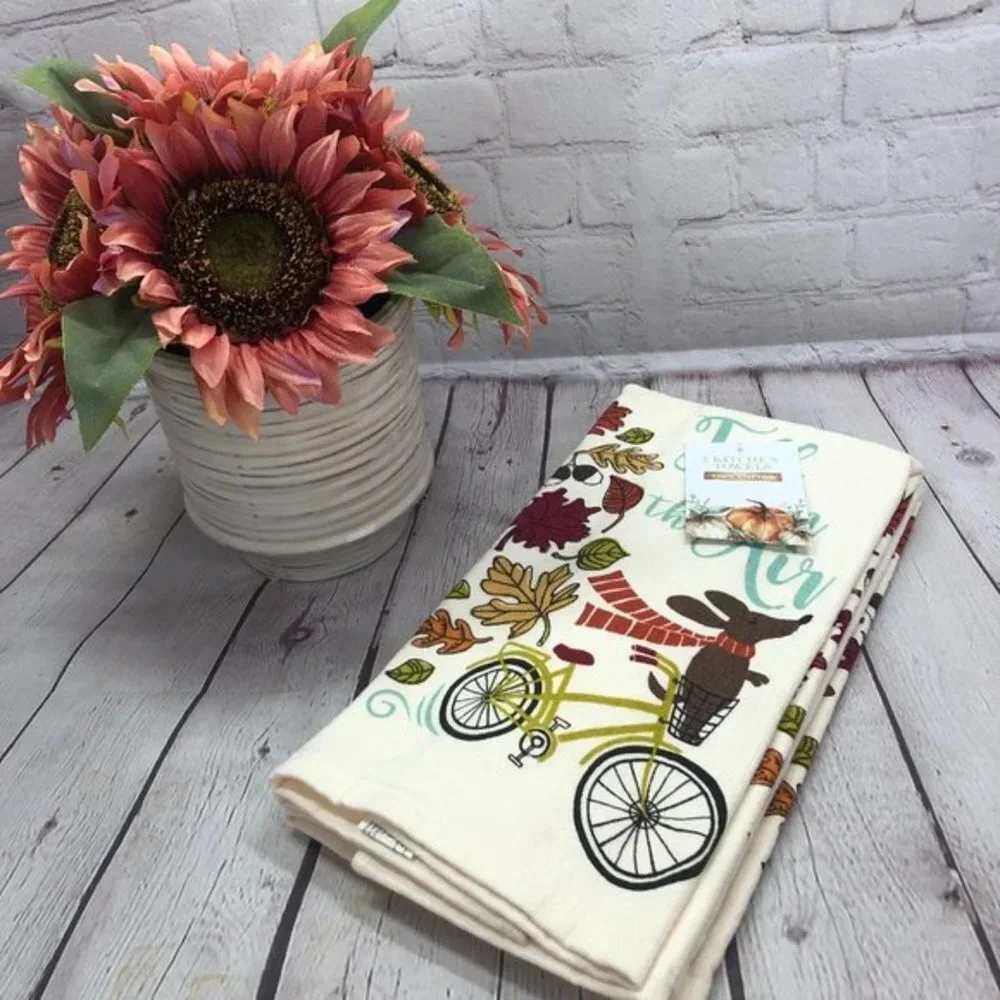 Dachshund riding bike in fall kitchen towel set of 2